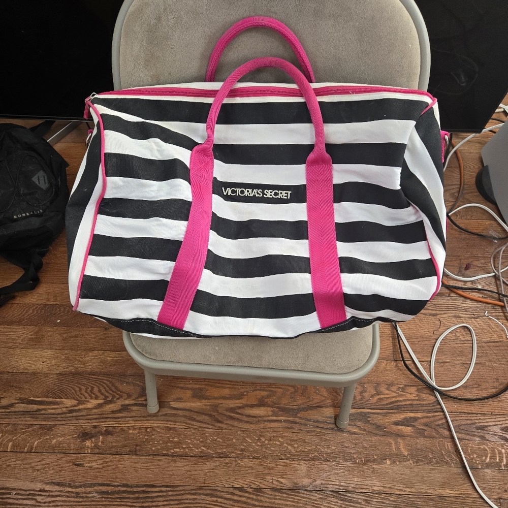 Victoria's Secret Black and White Striped Bag with Pink Handles
